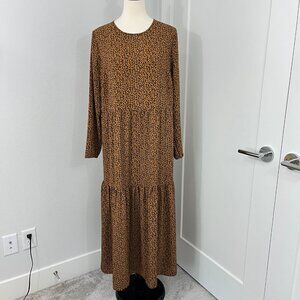 ASOS Size 14 Orange, Black Animal Print Tiered Long Sleeve Maxi Dress